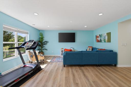 Spacious lower-level family room with an additional bedroom