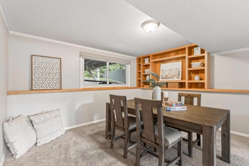 Built-in shelving gives the lower level even more character and function