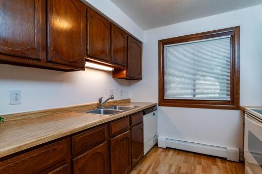 Kitchen has plenty of counterspace and cabinets