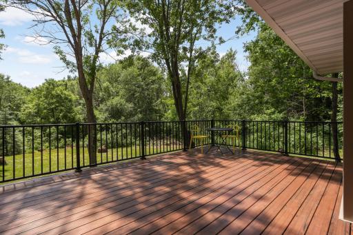 Step directly from the living area onto the large, no-maintenance deck, an ideal spot for grilling, entertaining guests, or simply relaxing while taking in the serene backyard setting.