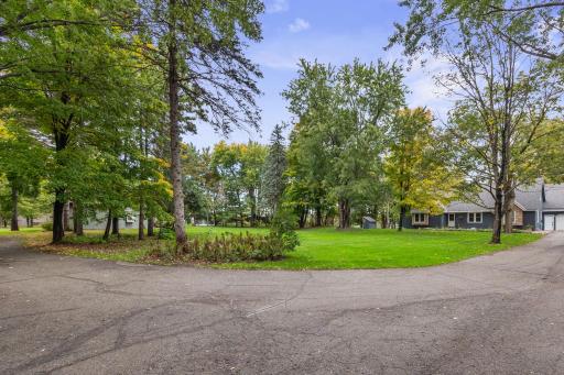 Expansive yard surrounded by mature trees, offering plenty of space and privacy.