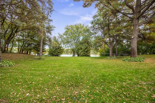 Spacious backyard with lots of mature trees overlooking the Mississippi River.