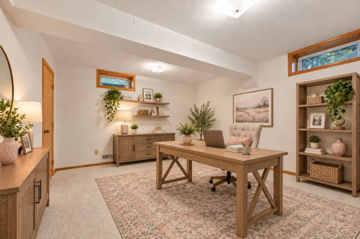 Generous lower level space offering the perfect setup for a private home office or a bedroom with an addition of an egress. Virtually Staged