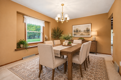 Spacious formal dining room with a large window overlooking the beautiful, tree filled setting. Virtually Staged.