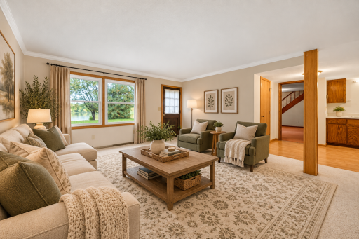 Spacious lower level living room, with separate entrance, for an additional apartment. Virtually Staged