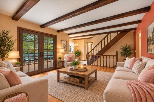 Beautiful hardwood floors in family room with exposed beams and french doors leading out to the deck outside overlooking the beautiful water views. Virtually Staged