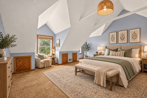 Expansive upper level bedroom with charming angles and plenty of space. Virtually Staged.
