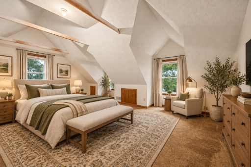 Spacious upper level bedroom featuring unique architectural details and abundant natural light. Virtually Staged.