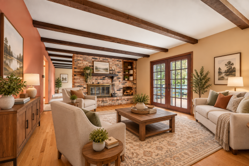 Spacious family room with hardwood floors, exposed beams, brick fireplace, and French doors leading out to the deck to over look the beautiful river views. Virtually Staged