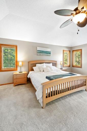 Primary bedroom with ceiling fan, carpet and generous windows