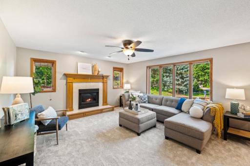 Living room with fireplace, built-ins and backyard views