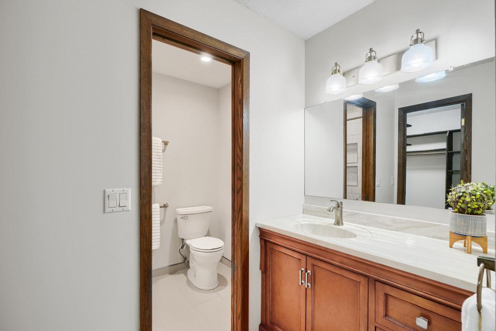 Primary bathroom is beautifully updated! Nice vanity area and separate shower/toilet room.