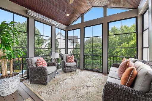 Retreat 2 your own heated 3-season sanctuary, where soaring wood-paneled ceilings & walls of windows frame tranquil treetop views. Designed for 3 seasons to enjoy, this sun-drenched space seamlessly blends indoor comfort w/the beauty of the outdoors