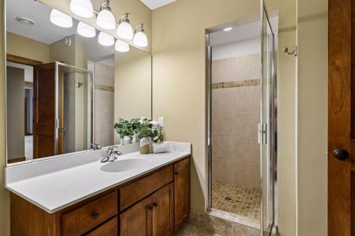 Lower-level bath features a spacious tile-surround walk-in shower, custom vanity, and quality finishes throughout. Perfectly positioned to serve guest accommodations and entertaining spaces, offering comfort, convenience, and sophisticated style.