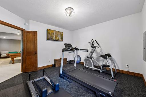 Enjoy the convenience of a dedicated fitness studio in the beautifully finished lower level. Perfect for daily workouts, yoga, strength training, or wellness routines, this versatile space offers privacy and comfort from home to stay active.