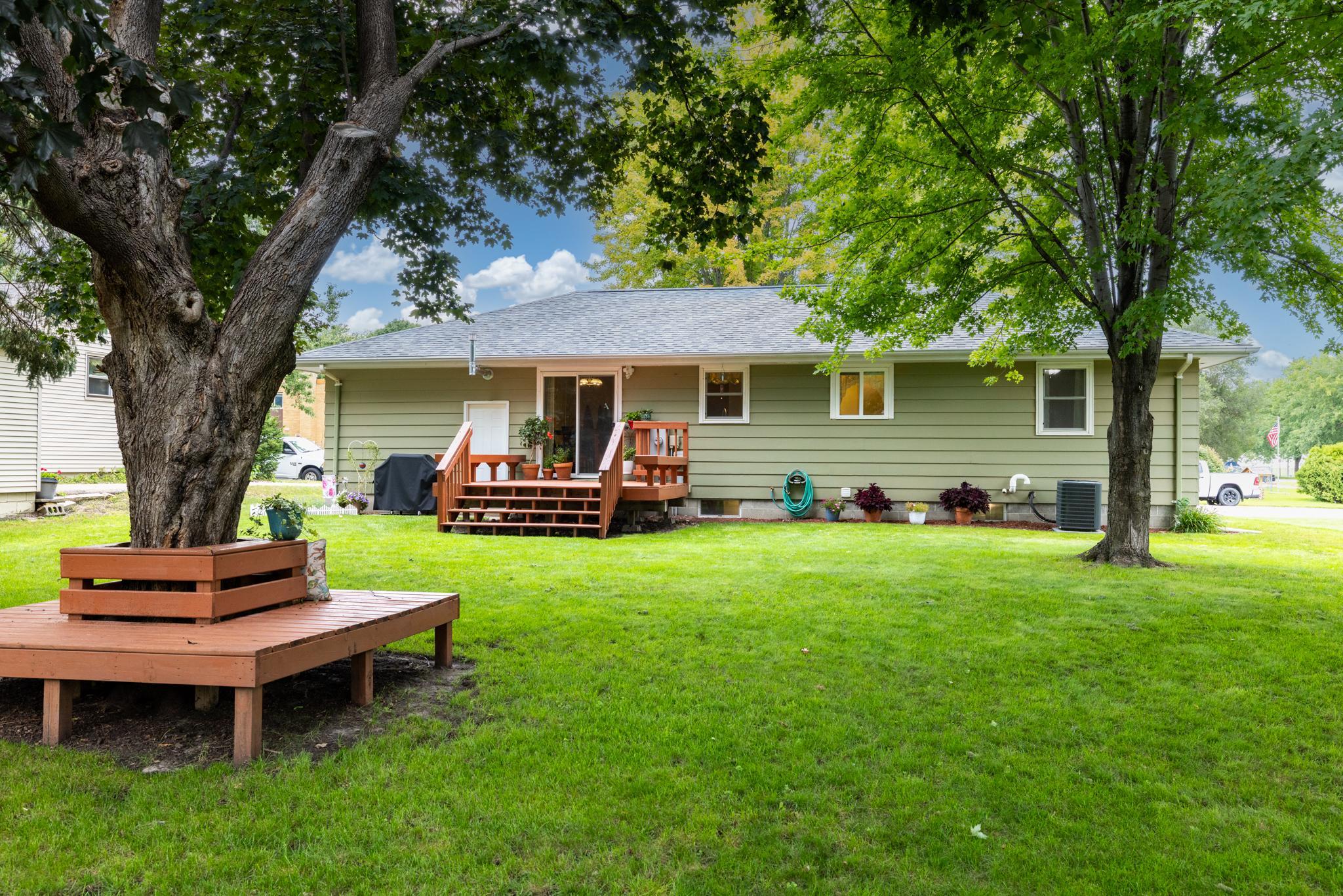 Back yard with tree bench