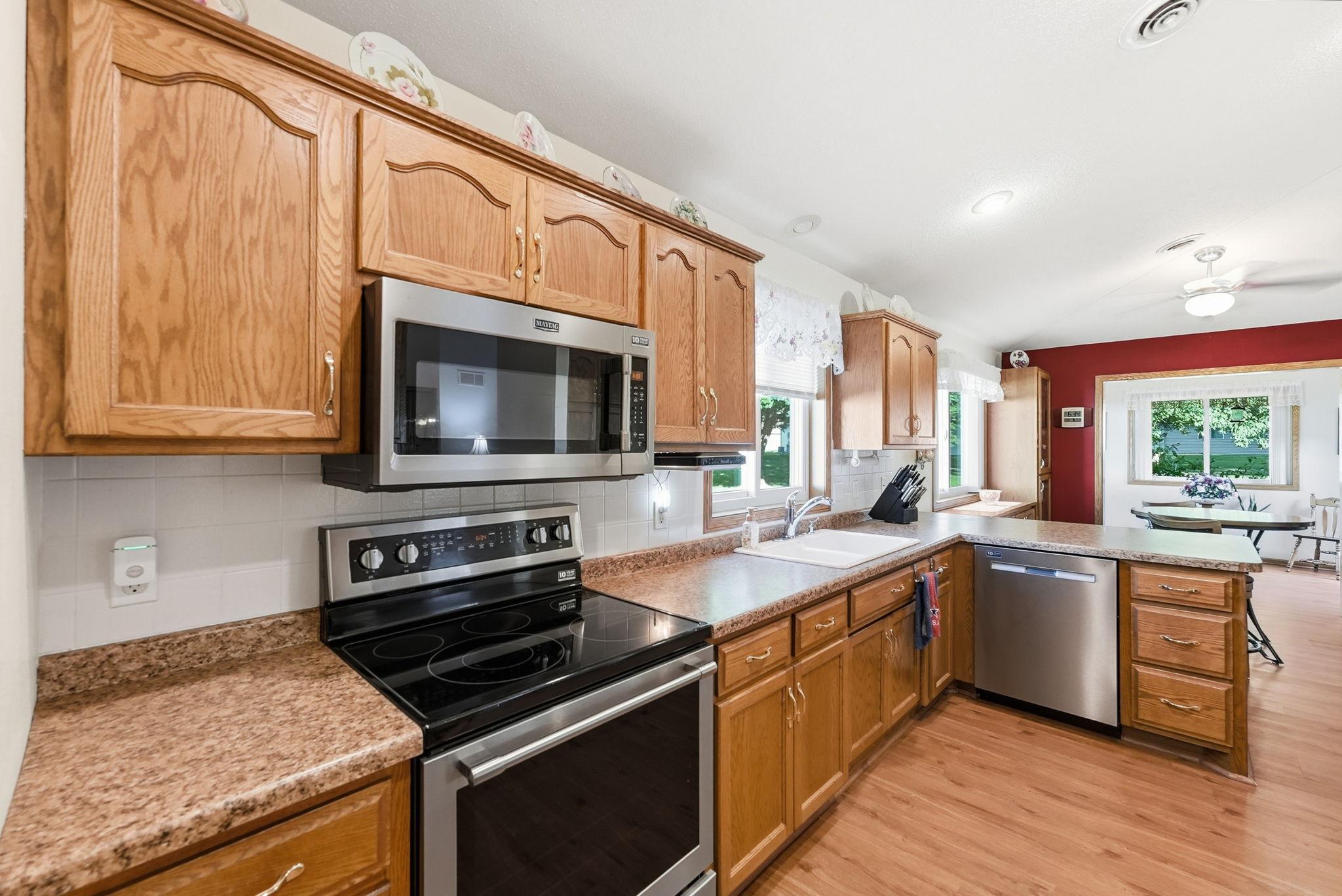 Stainless steel appliances throughout the kitchen.
