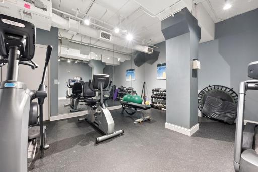 Fitness room with cardio equipment, weights, and space for everyday workouts.