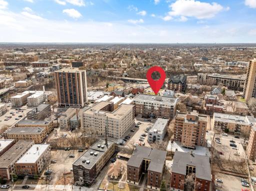 Bird’s-eye view highlighting the building within the vibrant Loring Park neighborhood.