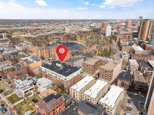 Aerial view highlighting the building’s prime location just moments from Loring Park and downtown.