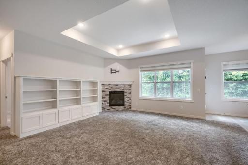 Spacious living room with lots of natural light, fireplace, trey vault, recessed lighting and lots of storage