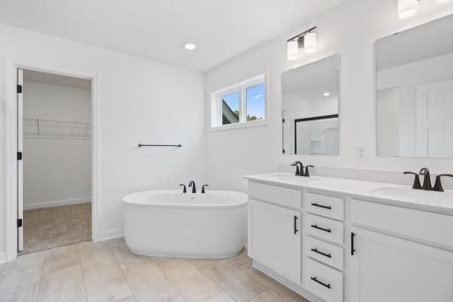 This elegant bathroom has direct access to the walk-in closet, perfect for getting ready throughout the week