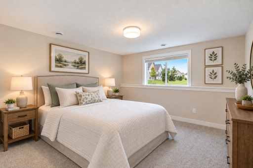 Lower level guest bedroom with bright natural light and cozy new carpet