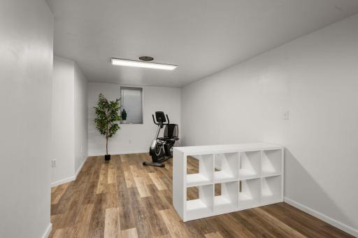 Movable shelving creatively separates this space into an exercise room - but your options are endless! Office? Gaming area? Crafts?