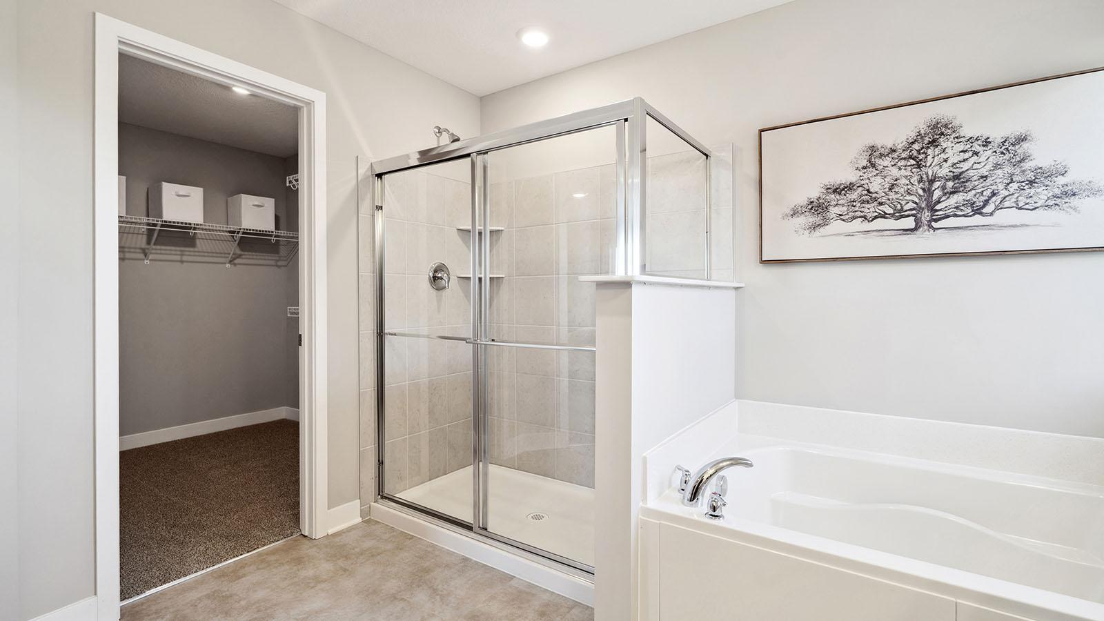 Here is a better view of the shower, tub, and one of the two walk-in closets. Photo of model home, colors and finishes may vary.