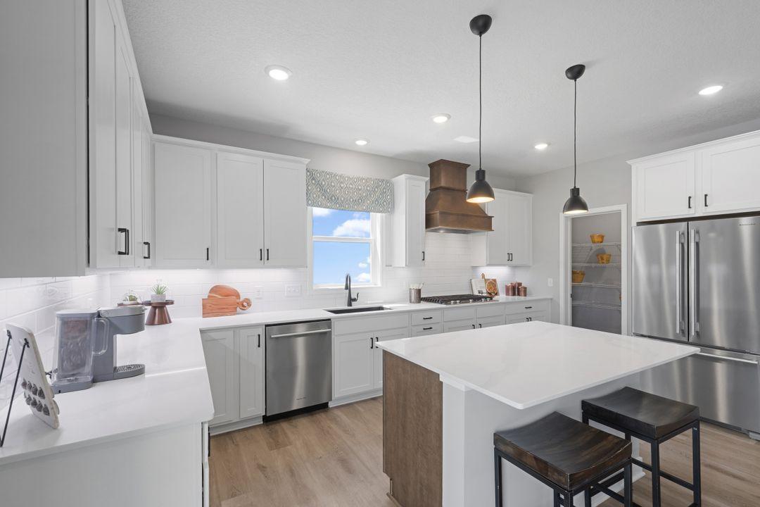 In this photo you can see the fantastic walk-in pantry perfect for all of your snacks and small kitchen appliances. Photo of model home, colors and finishes may vary.