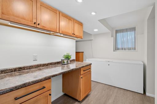 Functional lower-level utility and laundry area with abundant cabinetry, counter space and additional storage.