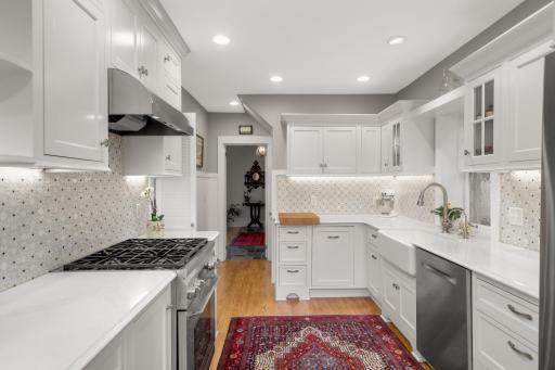 Remodeled kitchen with crisp white cabinetry