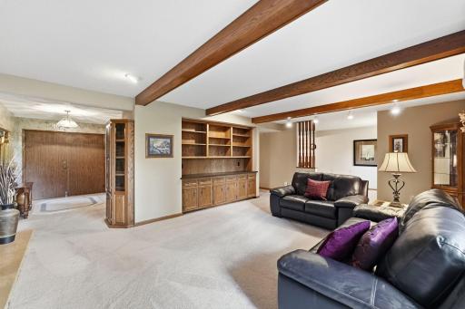 Custom-style shelving provides a dedicated place to display dÃ©cor, books, or everyday essentials.