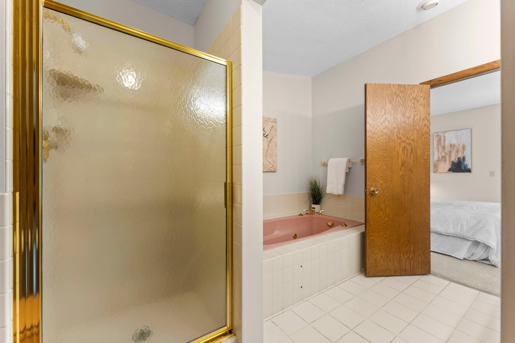 Primary bedroom with separate soaking tub and shower