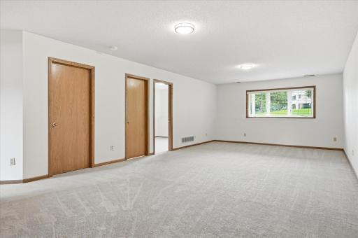 Spacious lower level 27ft long Family Room with new carpet and lookout Anderson windows. Could be divided into two separate areas for flexible living space for entertaining