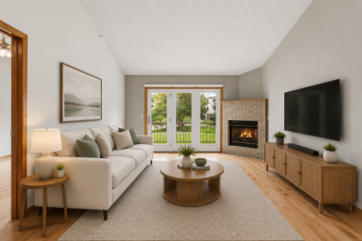 Spacious main floor living room featuring beautiful wood floors, a vaulted ceiling, and a cozy gas fireplace. Glass door provides easy access to the deck. Photo has been virtually staged to showcase the space.