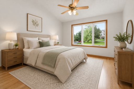 Spacious primary bedroom with beautiful wood floors and a vaulted ceiling, overlooking the backyard. Photo has been virtually staged to showcase the space.
