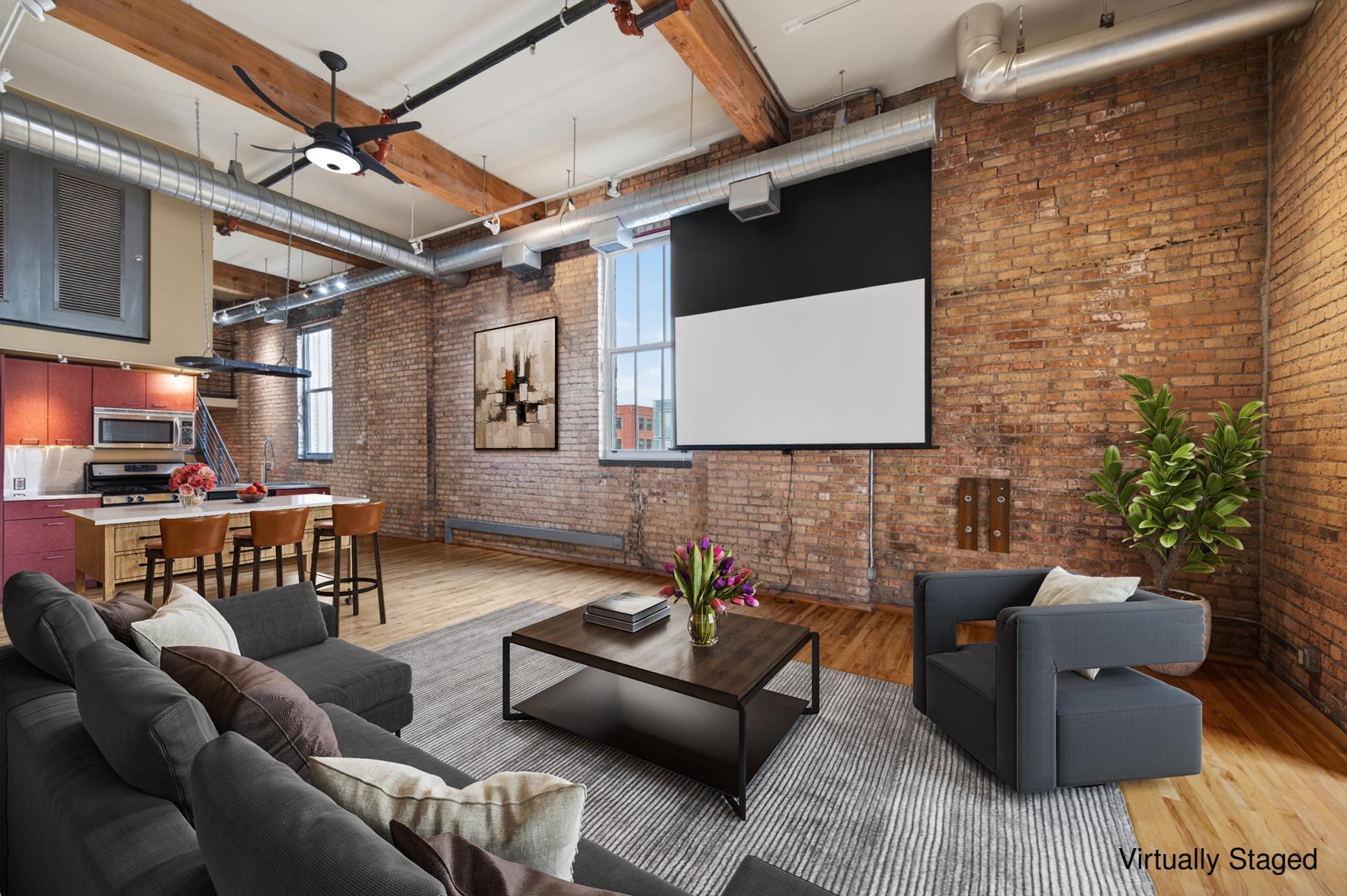 Mounted projector screen stays! (image virtually staged)