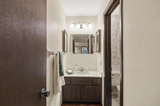 Primary Bathroom Vanity area with sink, cabinet storage and conveniently separated from toilet and shower.