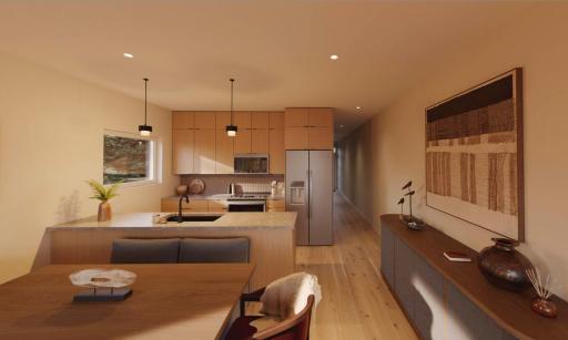Kitchen and dining space rendering.