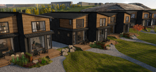 Villas and attached lakeside decks rendering.