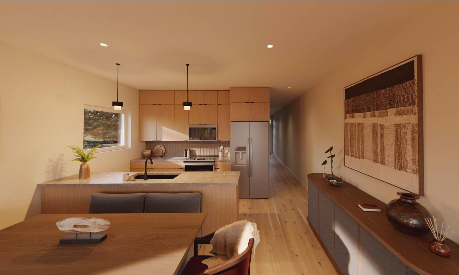 Kitchen and dining space rendering.
