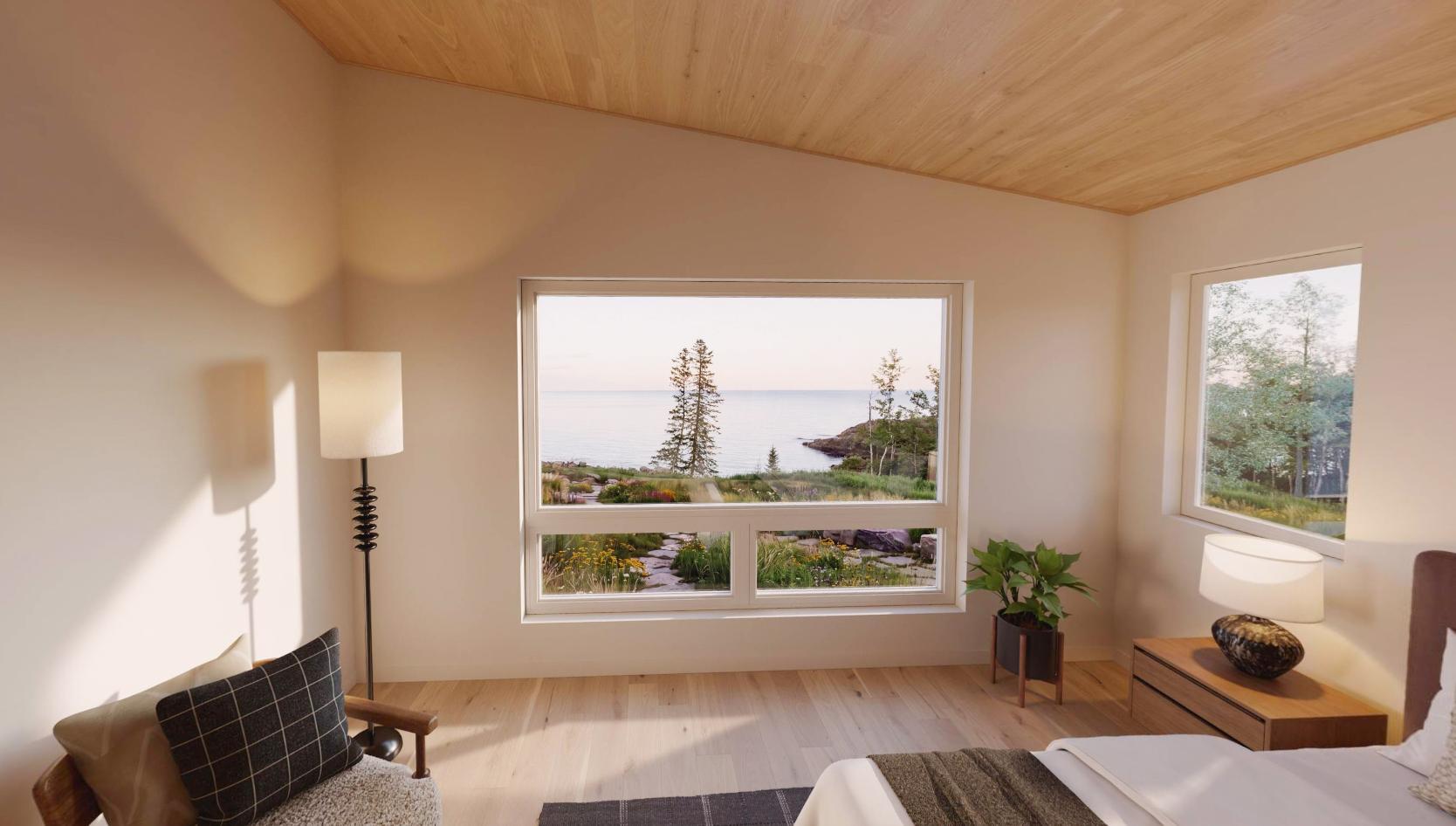 Primary bedroom with view rendering.