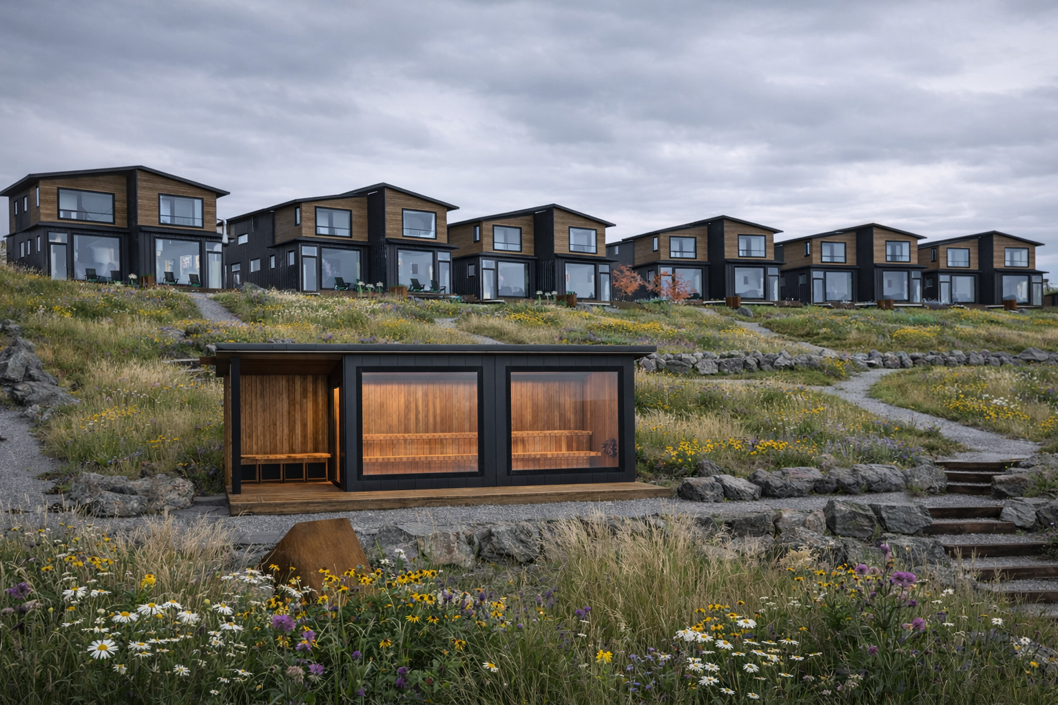 Villas and sauna with a lake view rendering.