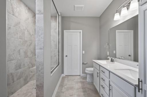 Primary en suite with huge shower, double sinks, and additional storage