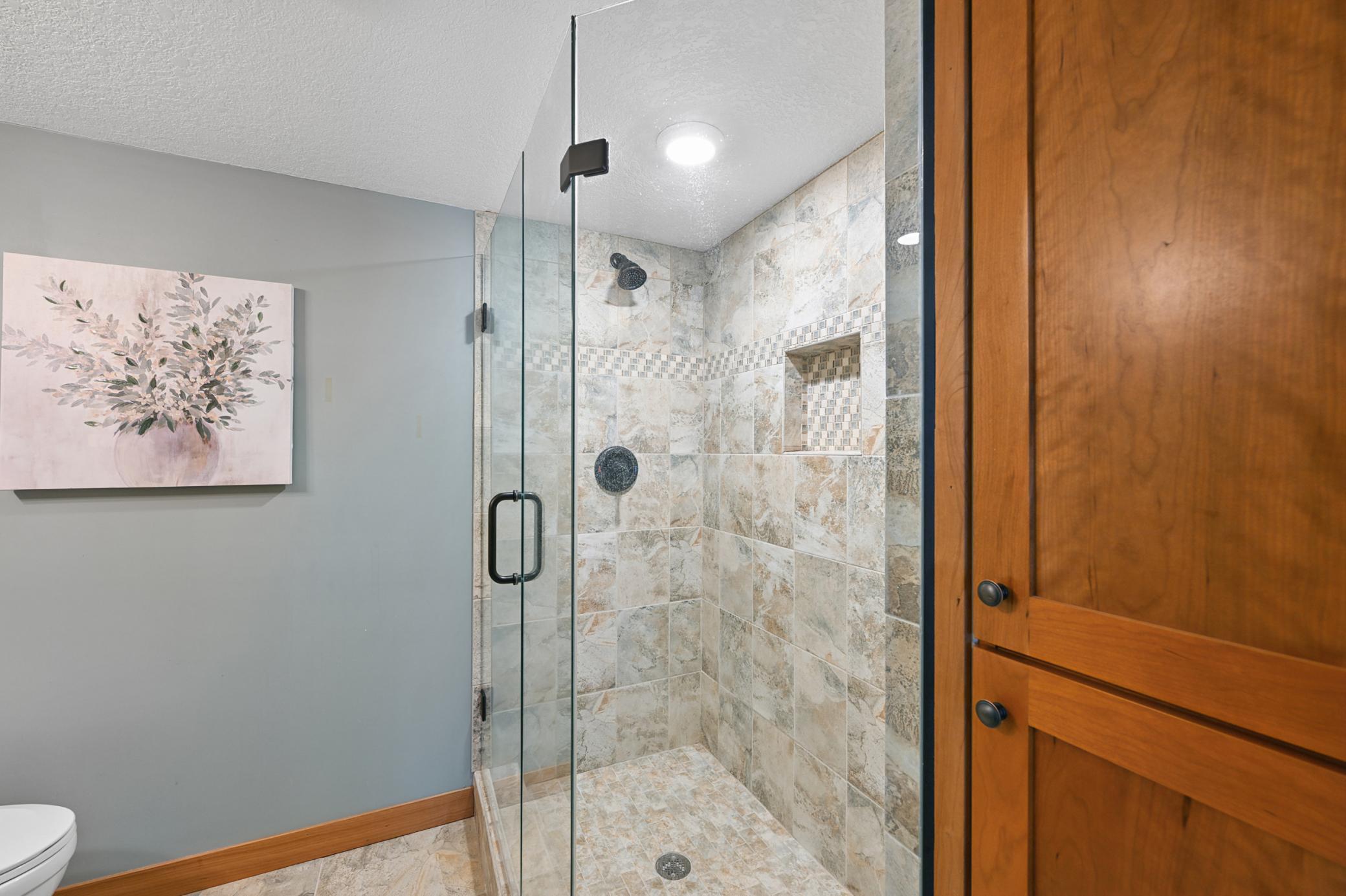 Lower level bath with walk in tile shower