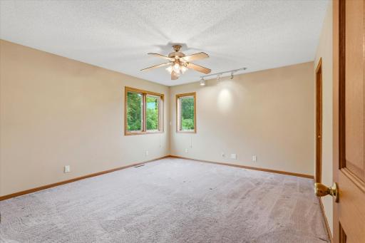 The main floor primary faces the wooded backyard and offers a walk in closet and walk through bath