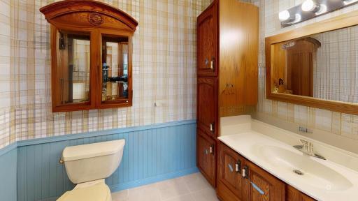 Additional bath with vanity storage, built-ins, and charming beadboard detail.