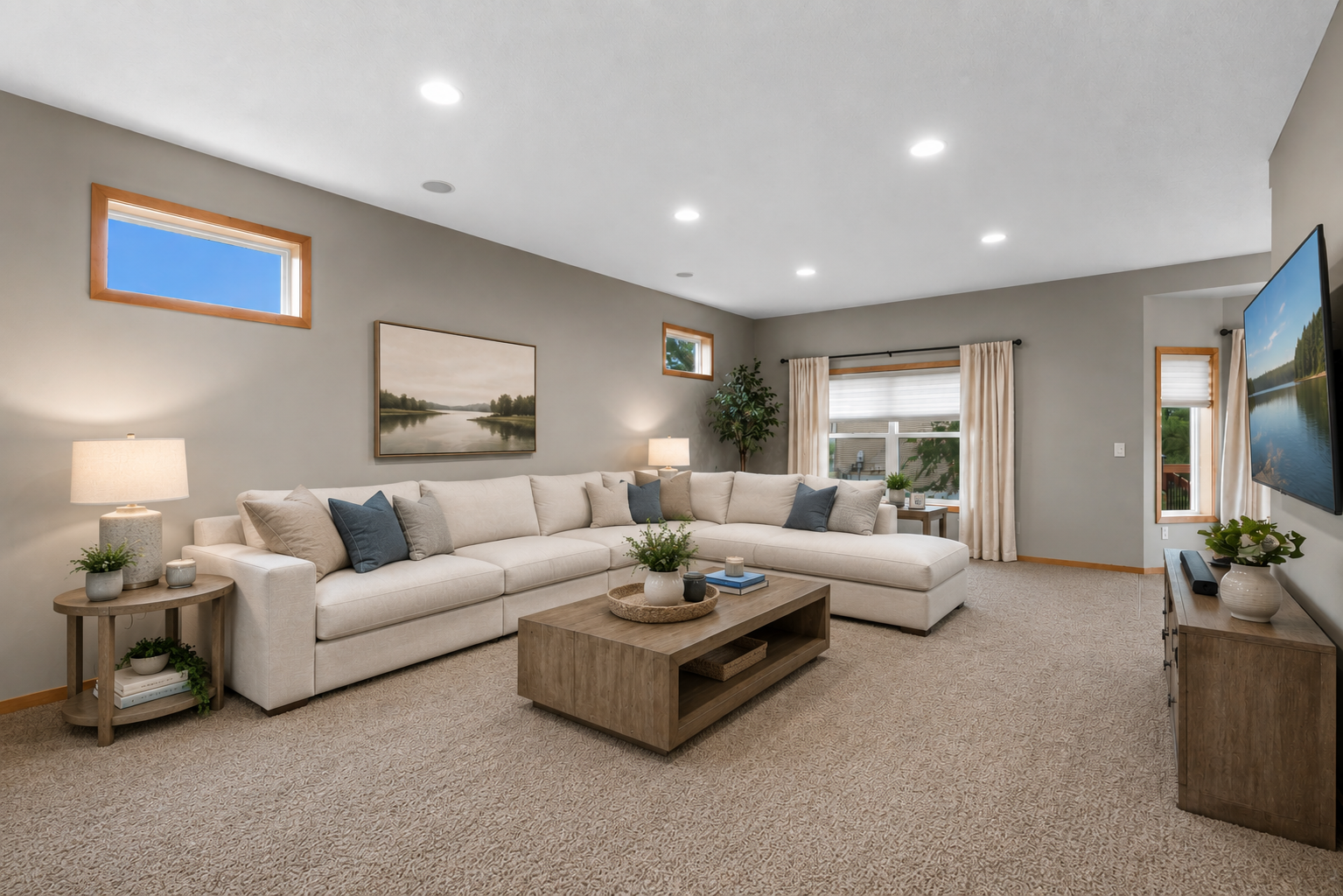 Virtually staged main level living room. This room is so spacious it could house many different furniture configurations. Including a large sectional, or a living room set up with formal dining, or living room with a desk area.
