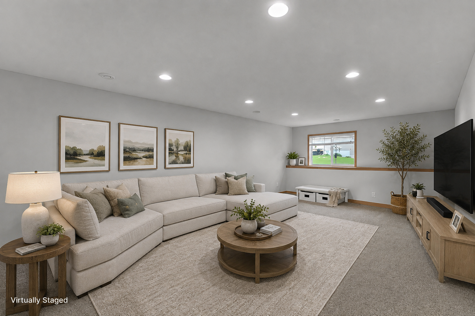 Virtually staged lower level family room. This is a large functional space.